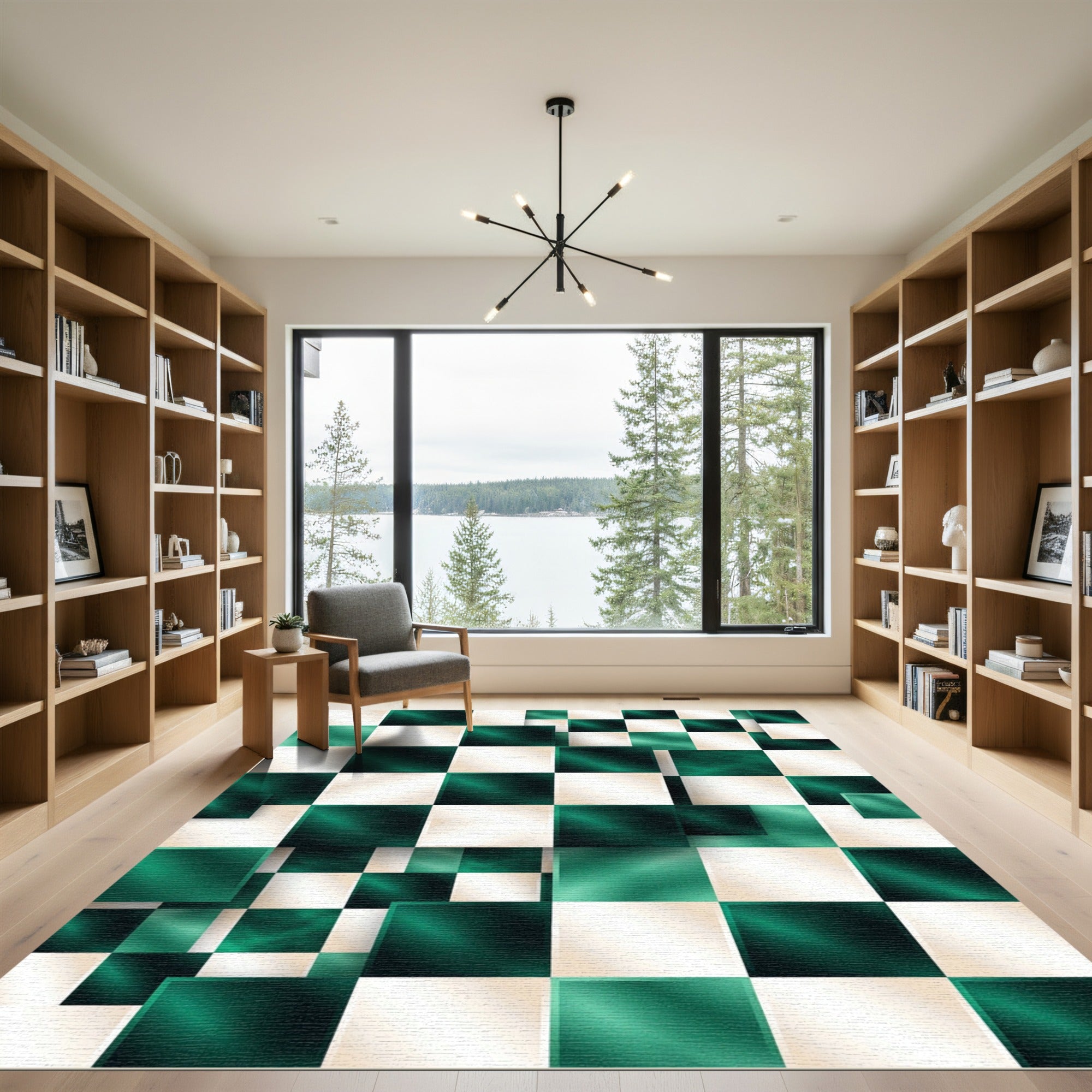 Emerald Cream Chessboard Illusion Rug