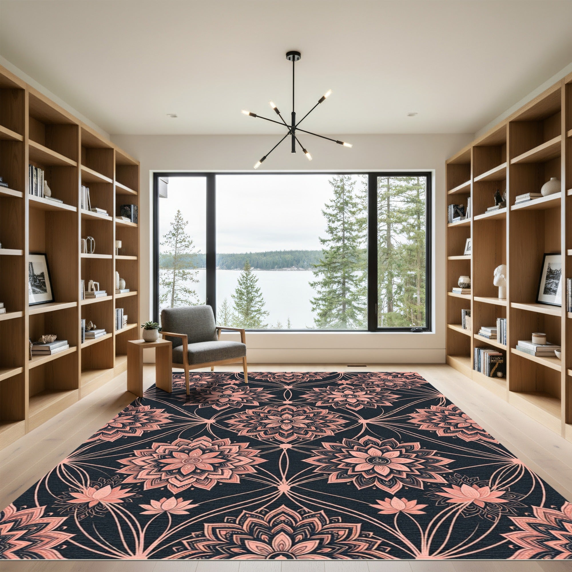 Salmon Mandala Geometric Dark Rug