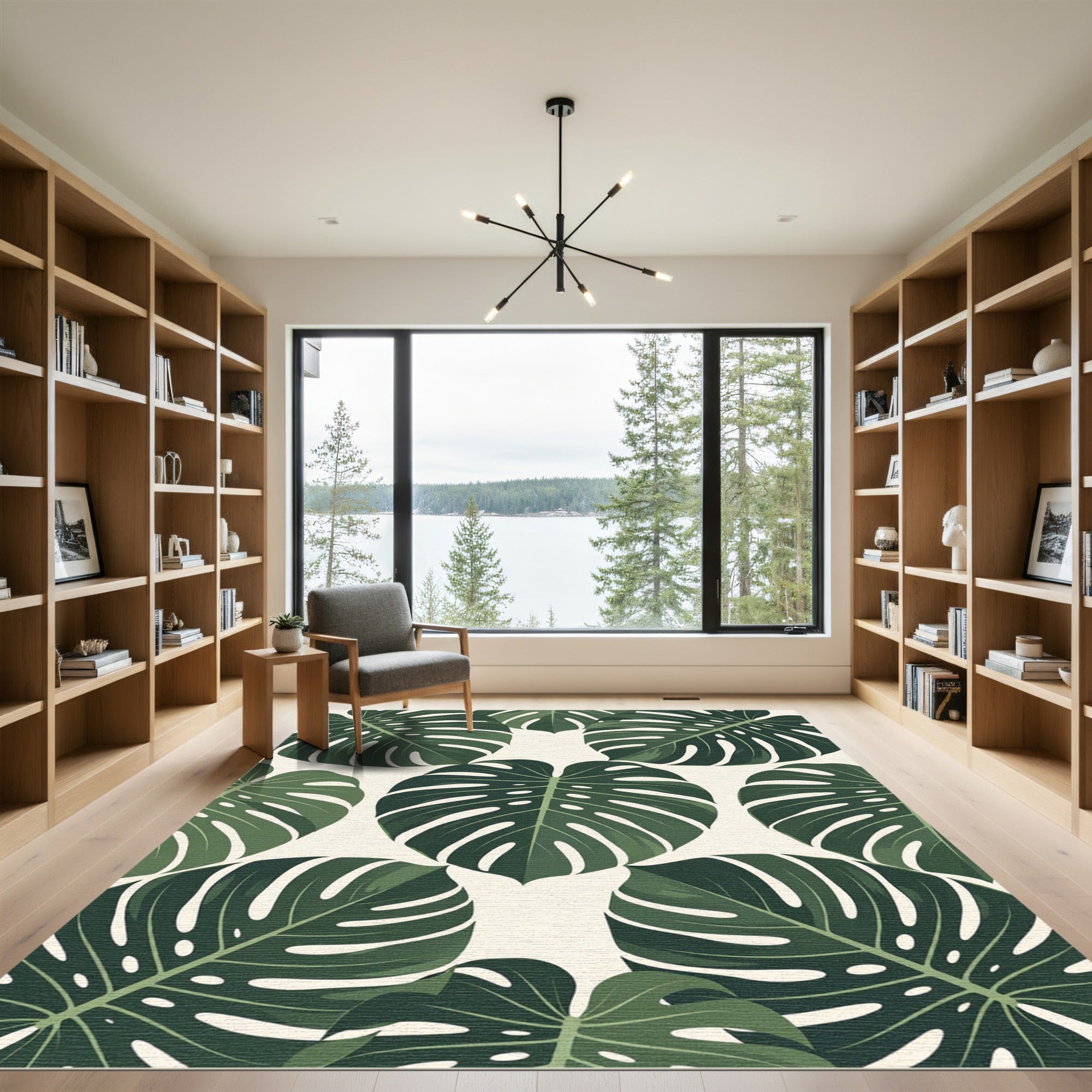 Dark Green Tropical Leaf Pattern Rug