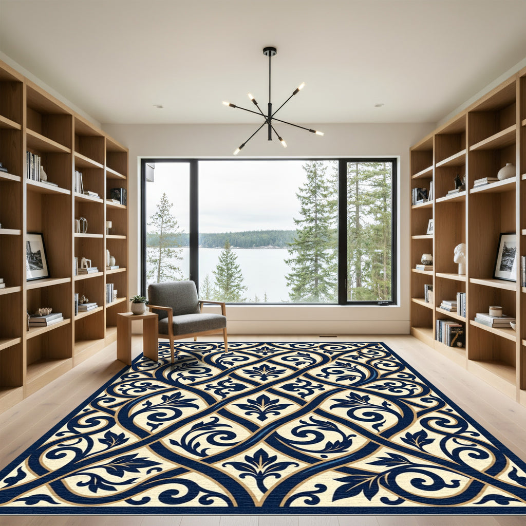 Navy Blue Faux Woven Acanthus Arabesque Rug