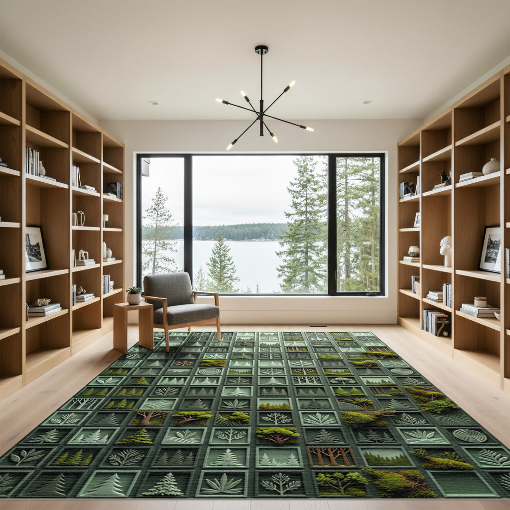 Sage Green Botanical Forest Grid Rug