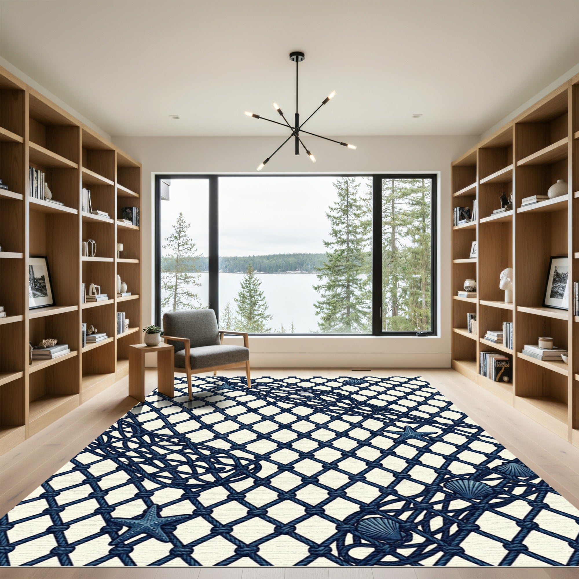 Navy Blue Coastal Net with Starfish and Shells Rug