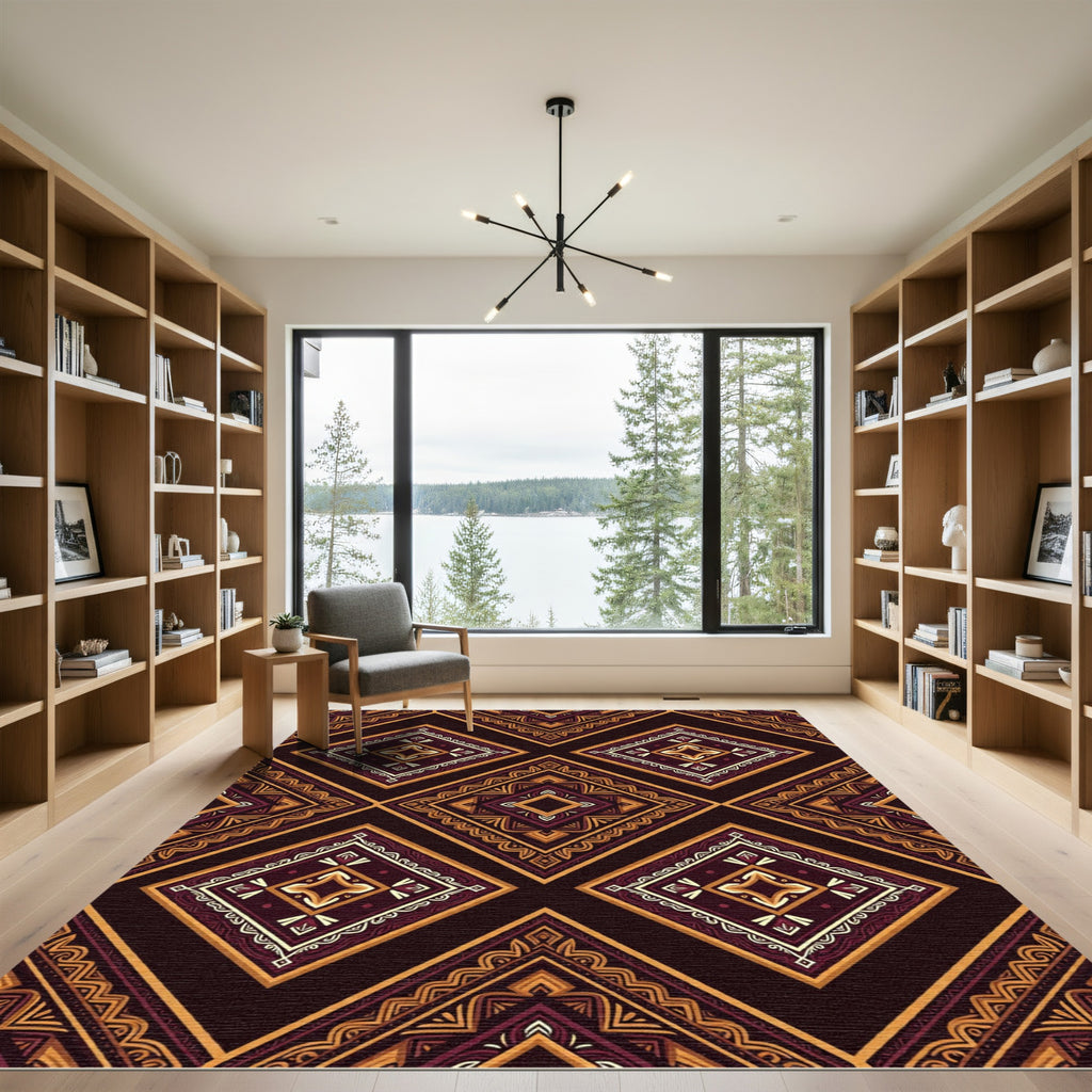 Earthy Burgundy Geometric Diamond Mosaic Rug