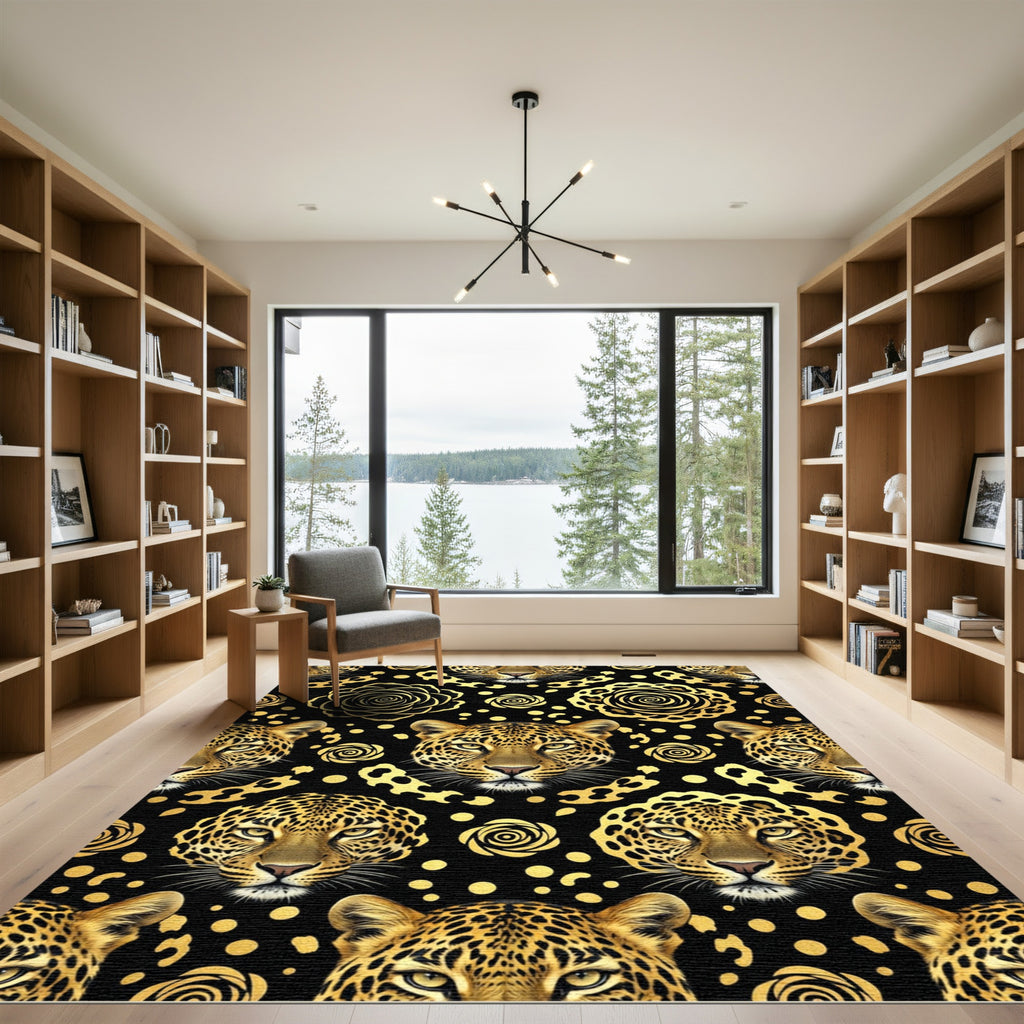 Bold Gold Leopard Rose Floral Rug