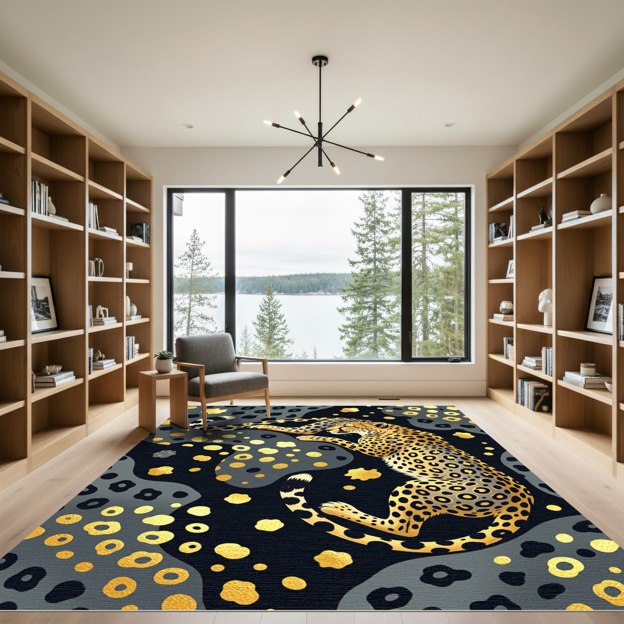 Golden Cheetah and Abstract Spot Art Rug