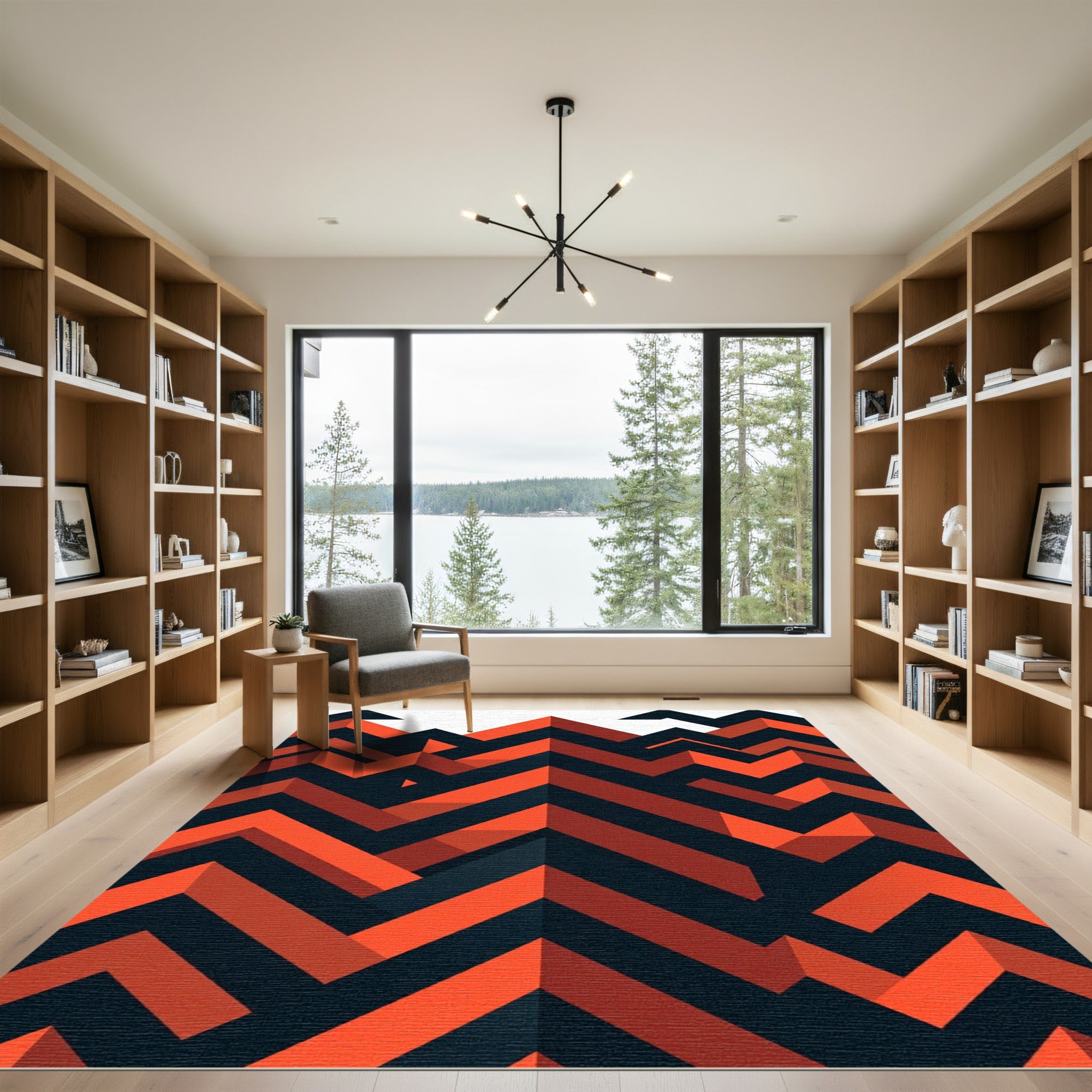 Bold Red Black Geometric Chevron Rug