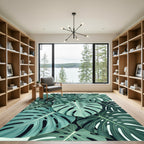 Coastal Teal Tropical Monstera Leaves Rug