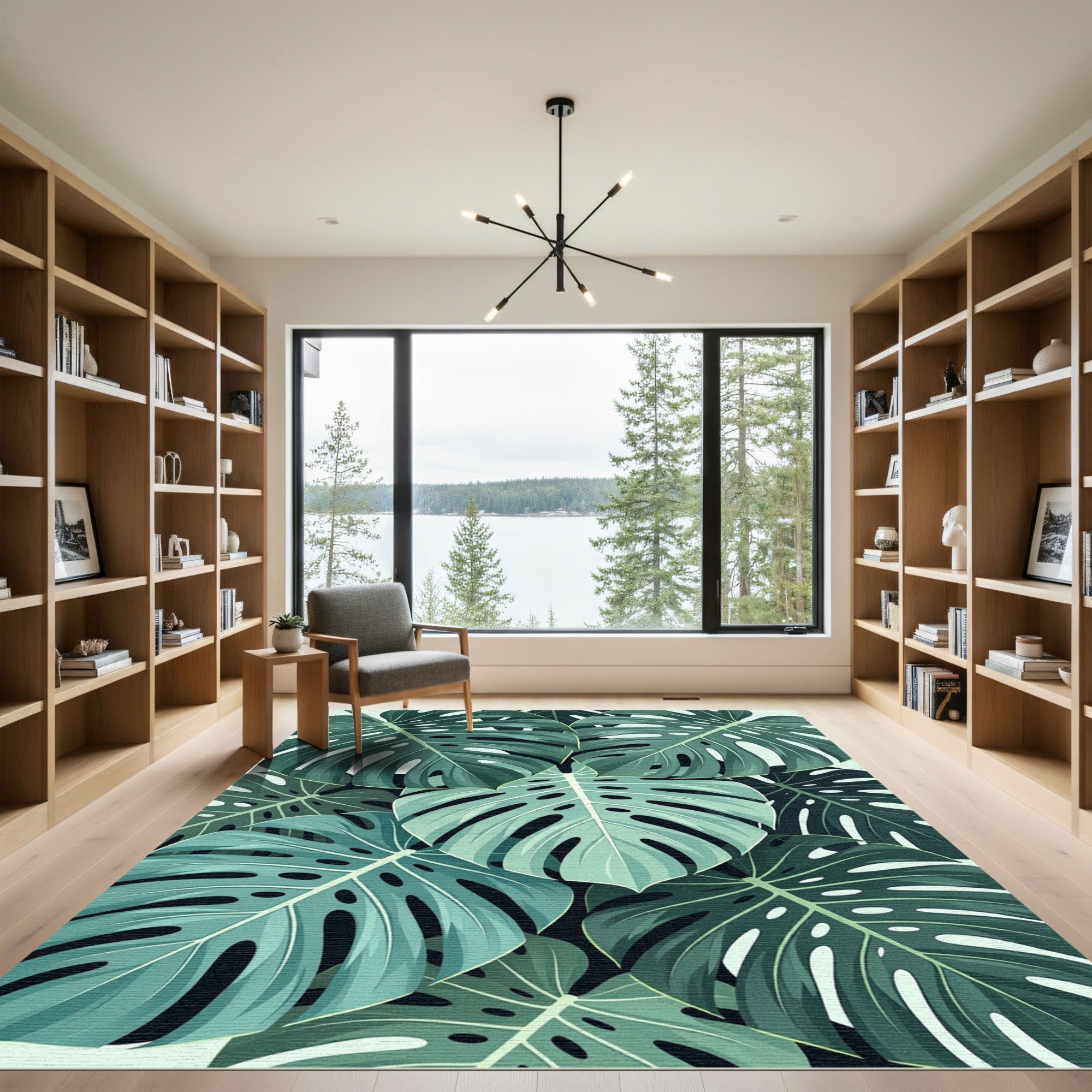 Coastal Teal Tropical Monstera Leaves Rug