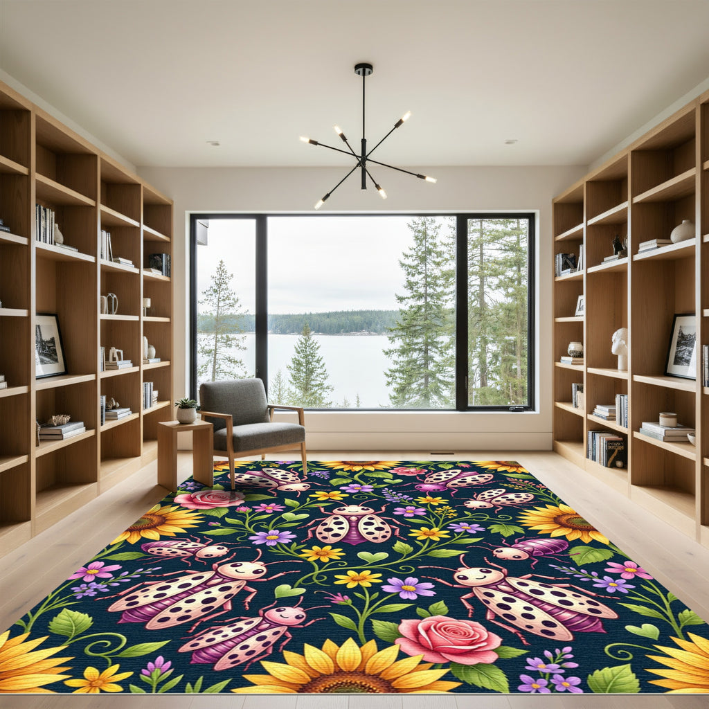 Charming Ladybugs Amongst Floral Garden Rug