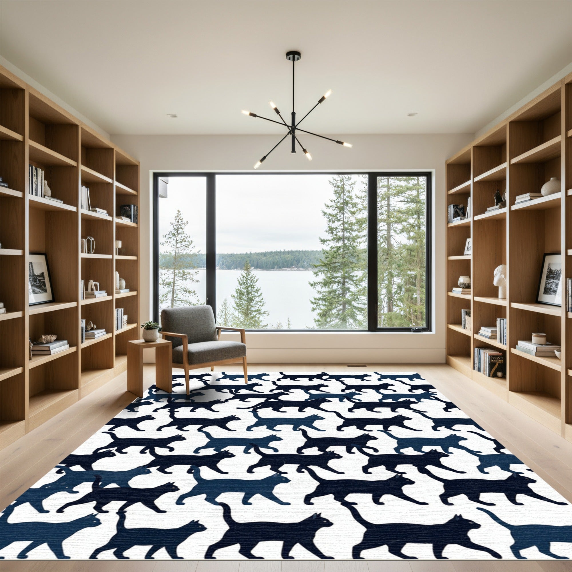 Whimsical Silhouette Black Cat Wallpaper Rug