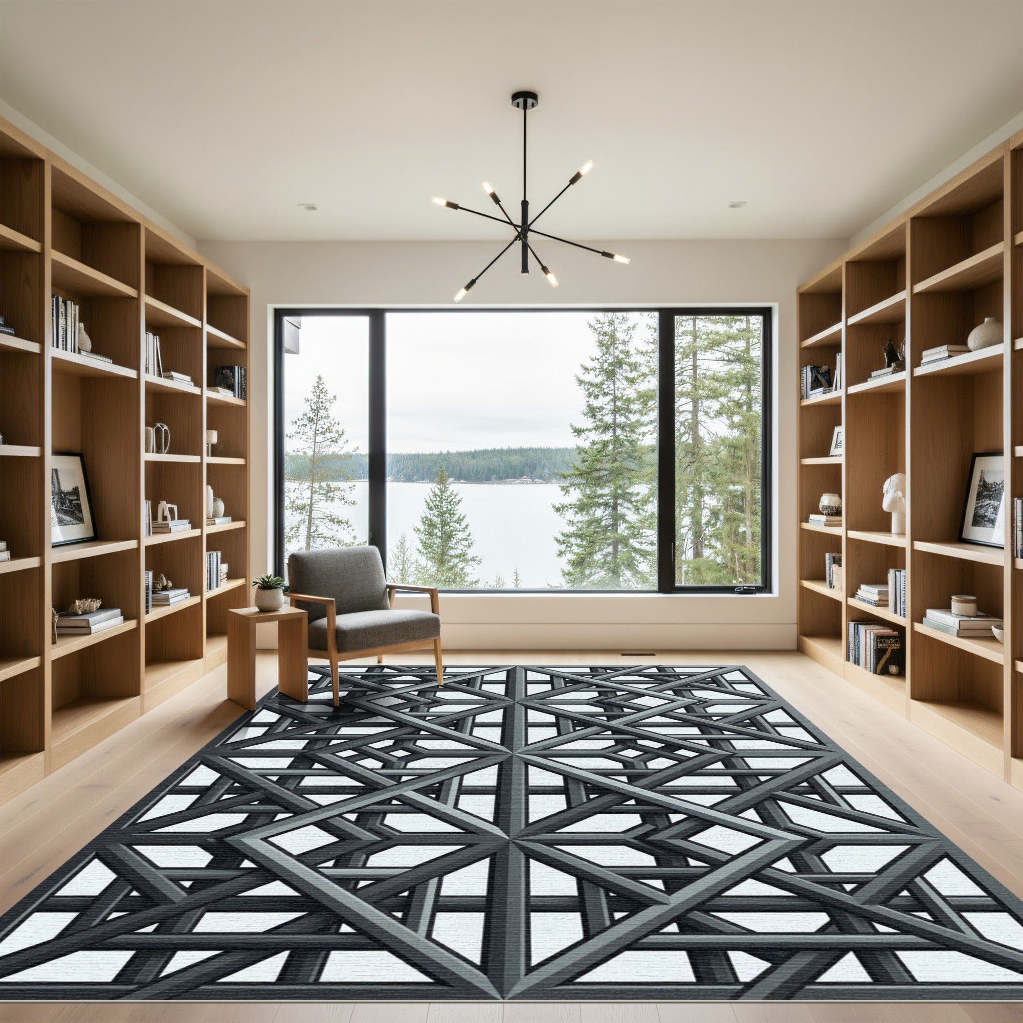Sophisticated Charcoal Interlocking Geometric Grid Rug