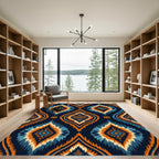 Vibrant Blue Orange Ikat Diamond Rug