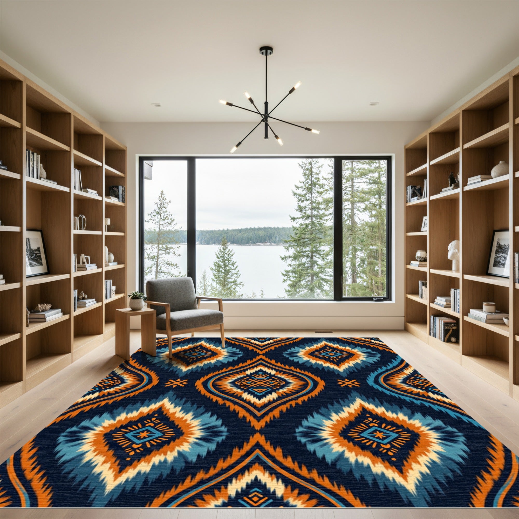 Vibrant Blue Orange Ikat Diamond Rug