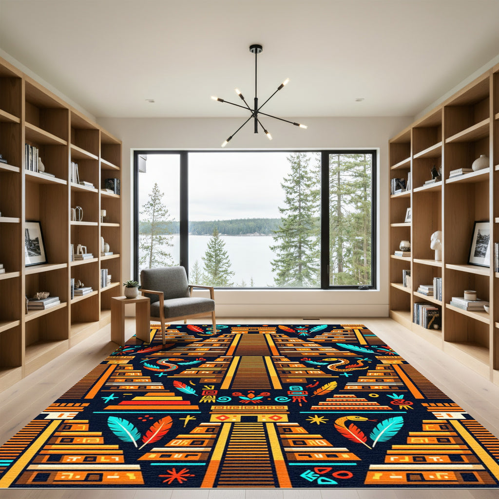 Vibrant Aztec Serpent Temple Art Rug