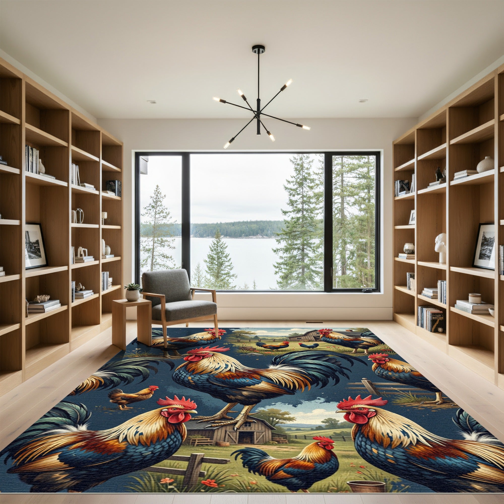 Vivid Farm Rooster Landscape Illustration Rug
