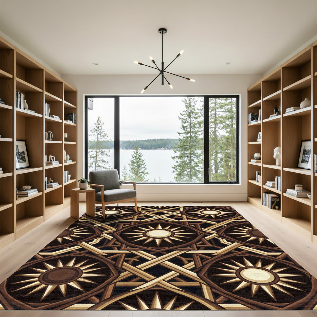 Rich Brown Sunburst Geometric Interlace Rug