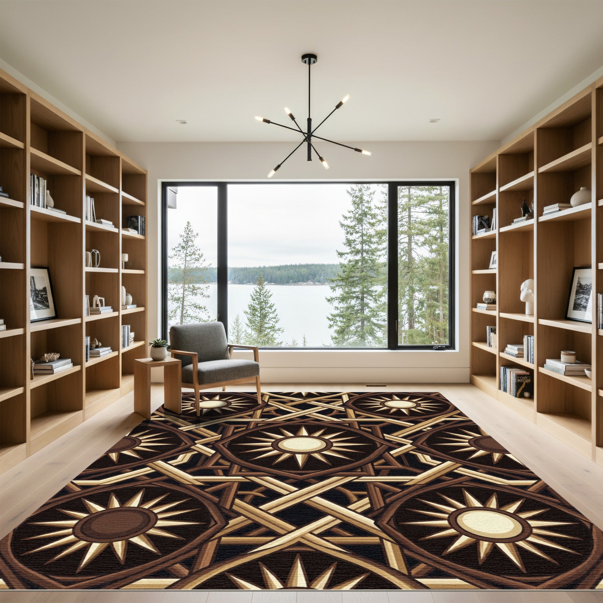 Rich Brown Sunburst Geometric Interlace Rug