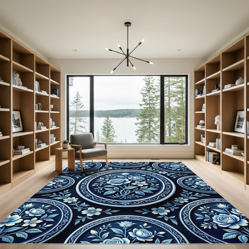 Classic Blue White Floral Oval Medallion Rug