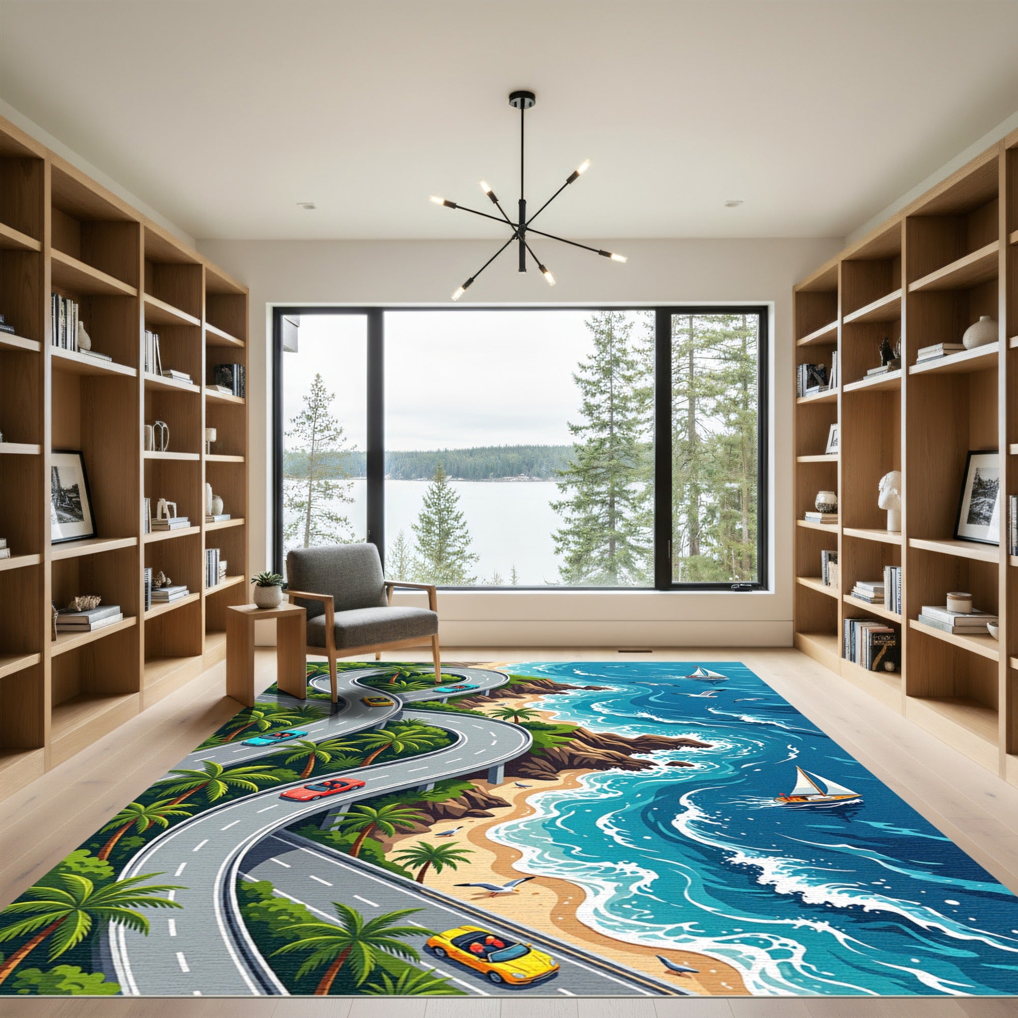 Vibrant Coastal Road Palm Beach View Rug