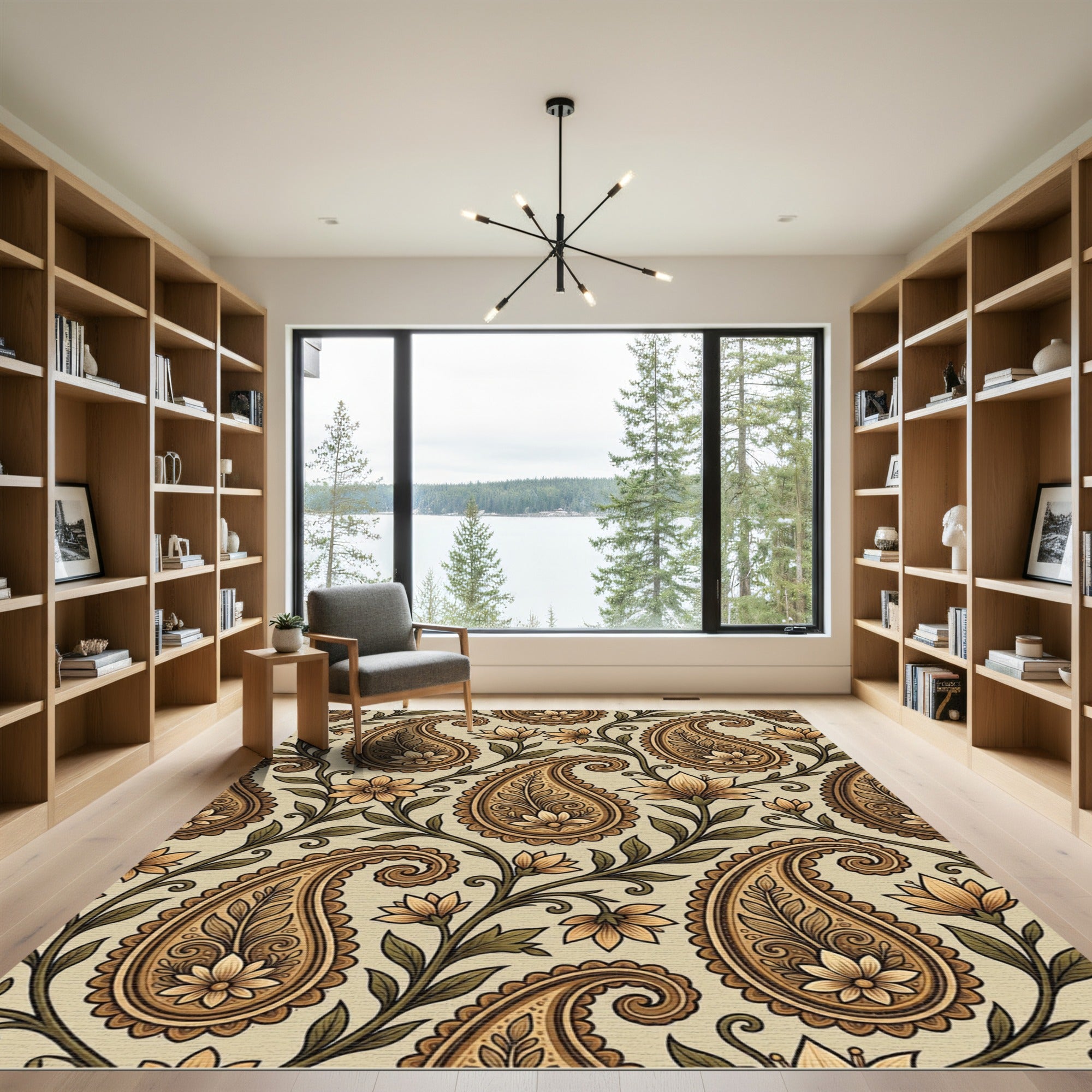 Earthy Golden Paisley Floral Swirl Rug