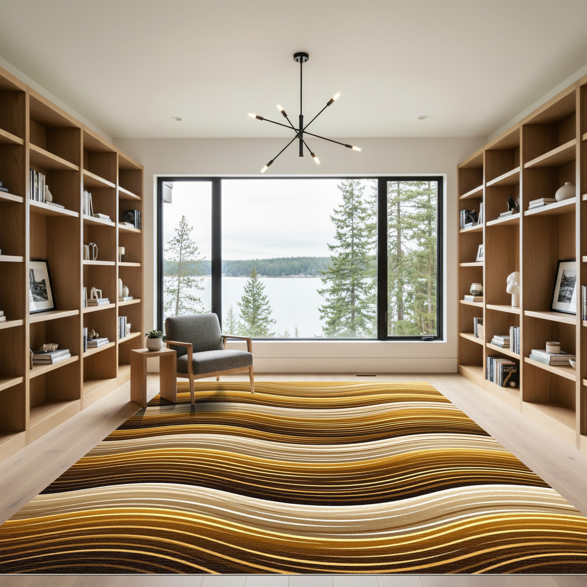 Golden Wavy Abstract Fluid Lines Rug