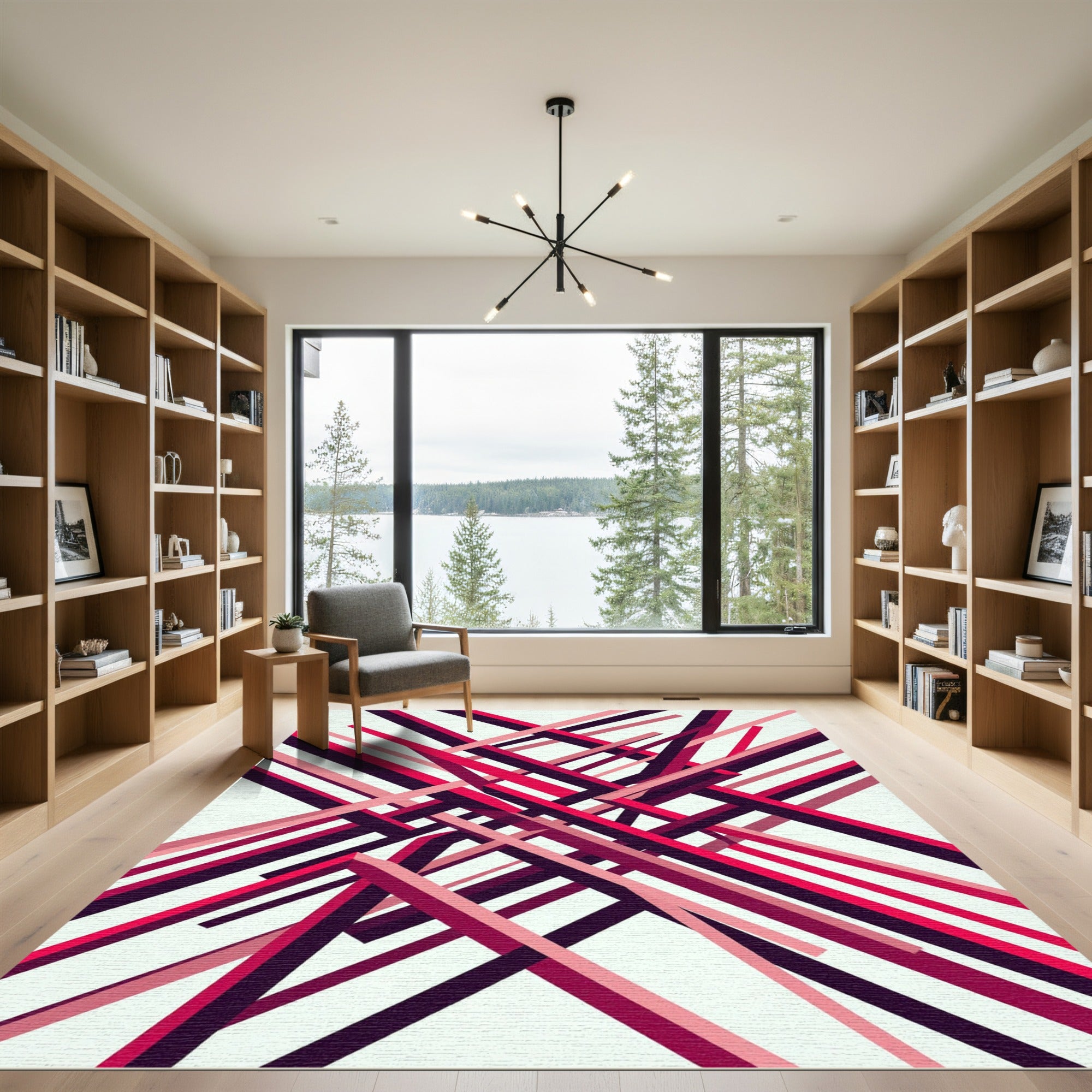 Modern Crimson Angular Geometric Line Art Rug