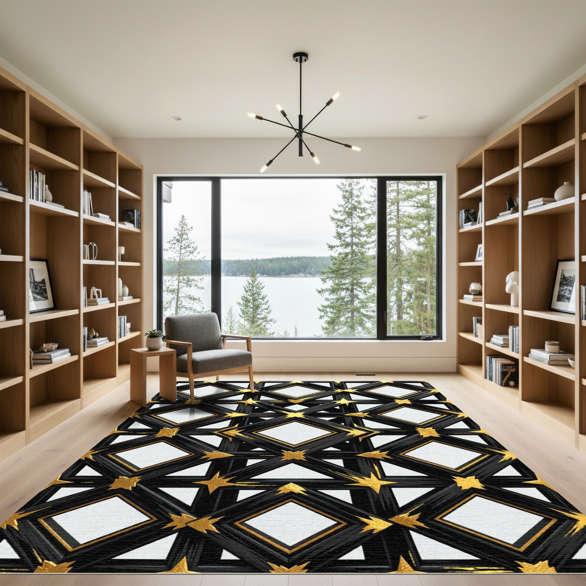 Black Golden Diamond Lattice Stars Rug