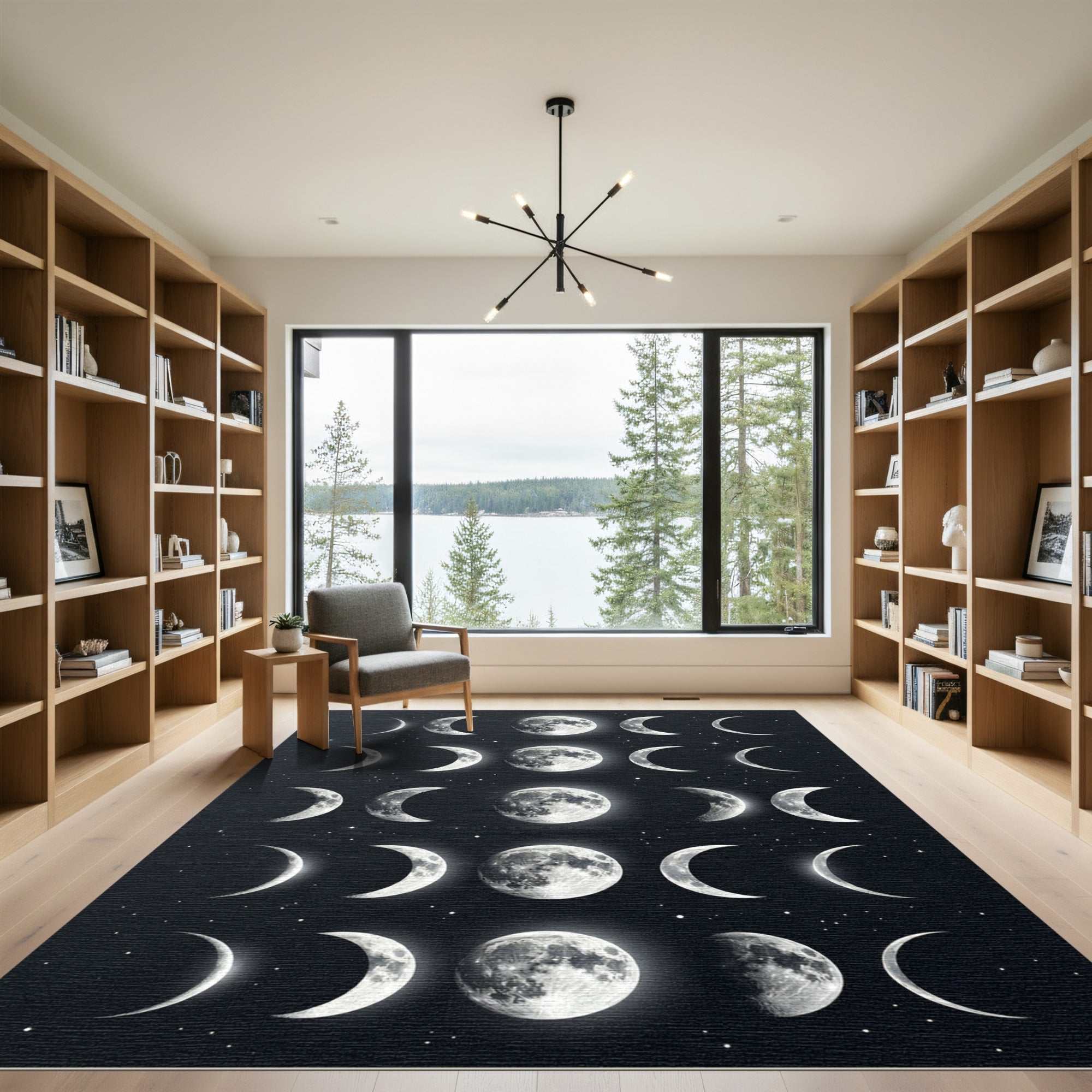 Celestial Monochrome Lunar Phase Art Rug