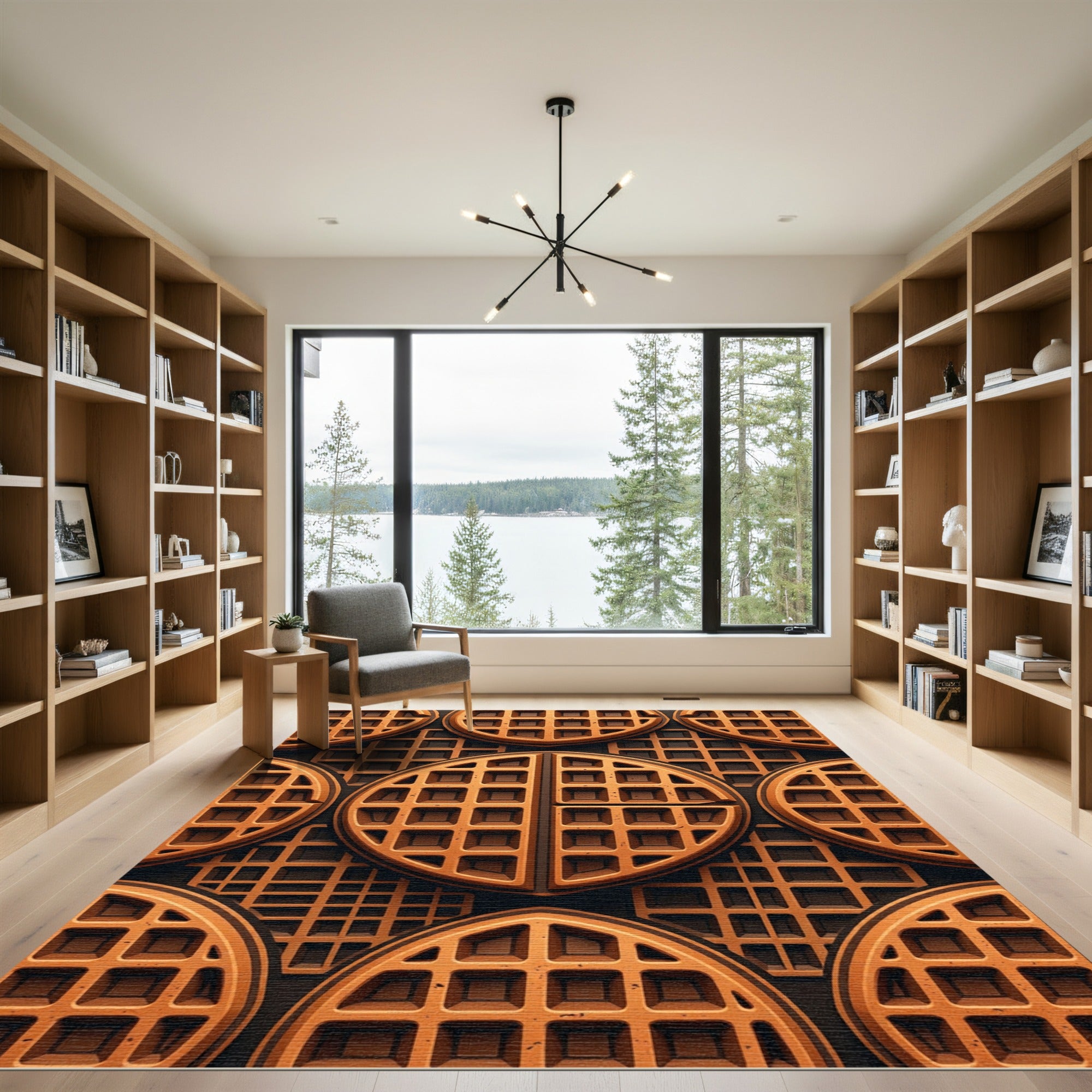 Textured Golden Waffle Grid Geometric Rug