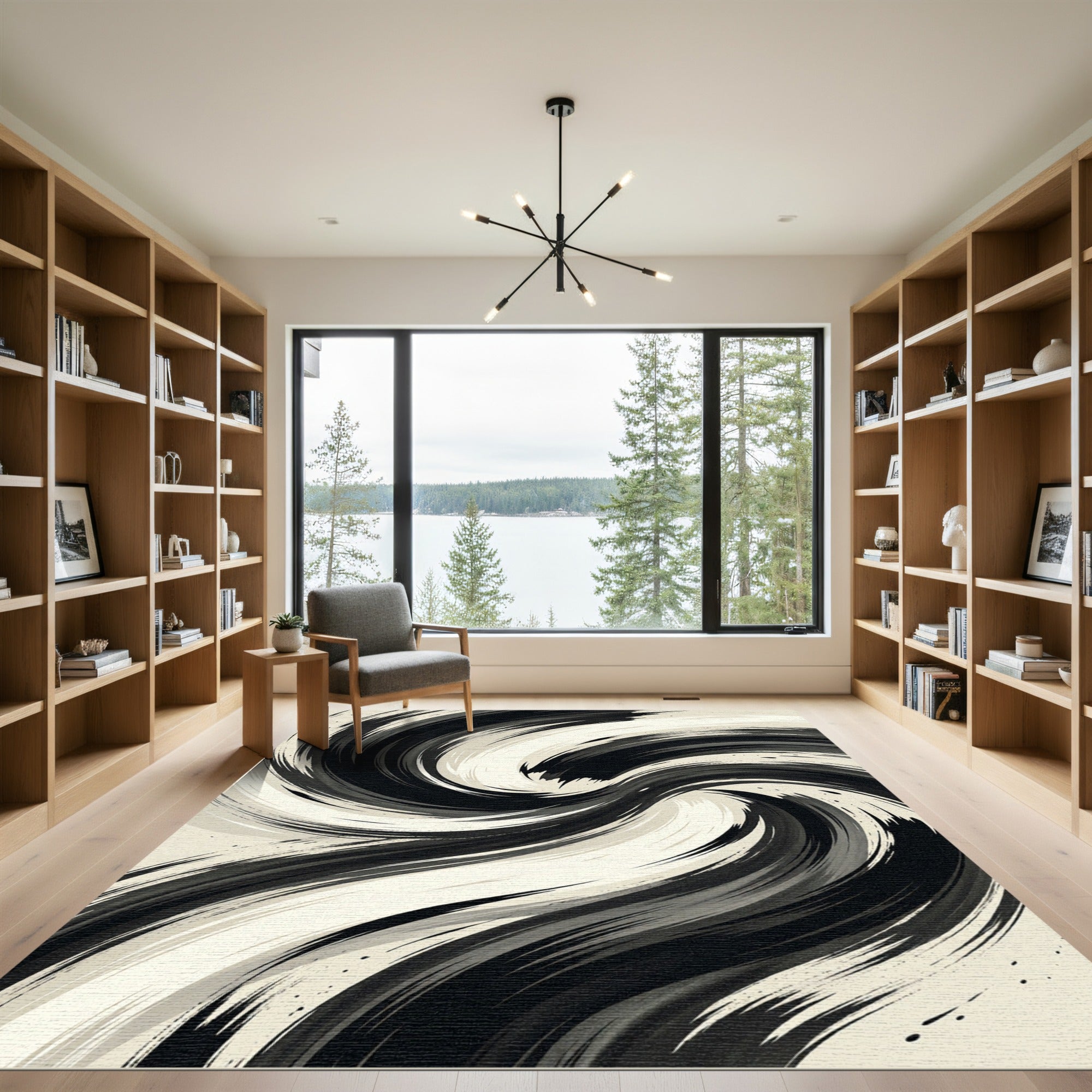 Modern Black White Abstract Swirl Rug