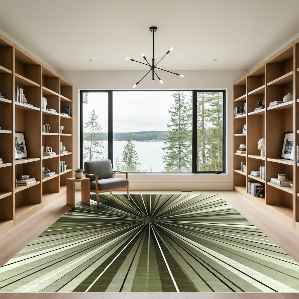 Olive Green Radiant Sunburst Abstract Rug