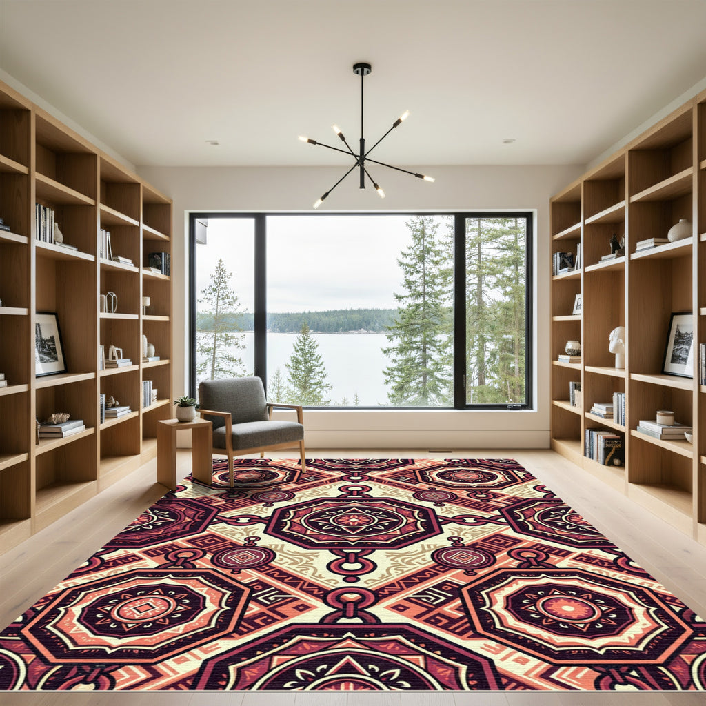 Ornate Crimson Geometric Chain Medallions Rug