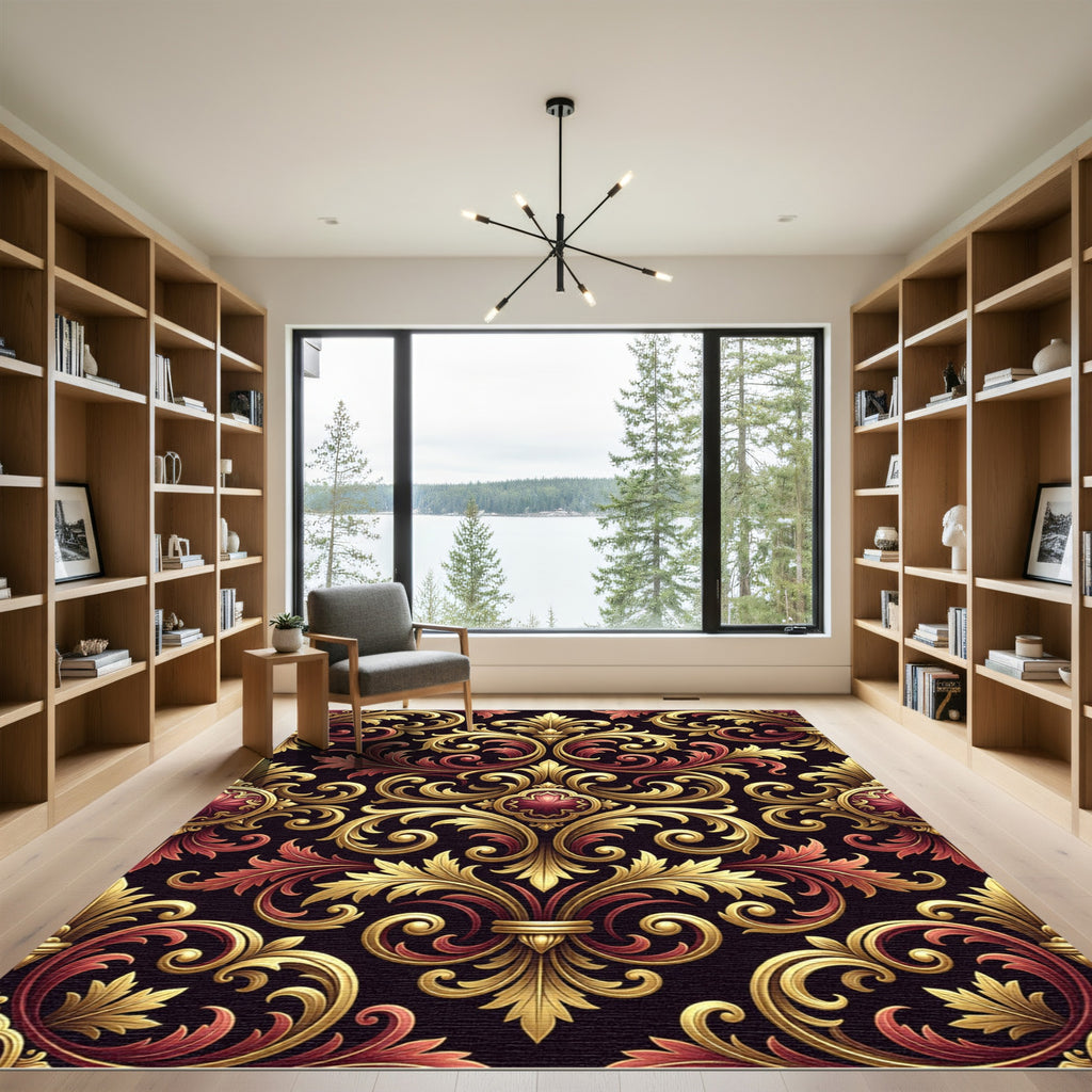 Ornate Golden Baroque Crimson Damask Rug