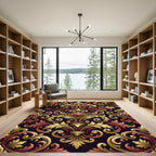 Ornate Golden Baroque Crimson Damask Rug