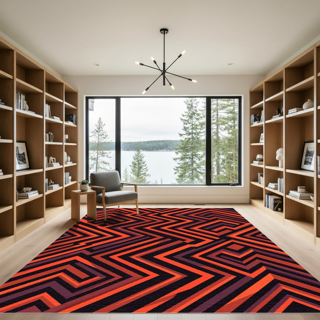 Fiery Orange Abstract Geometric Maze Rug