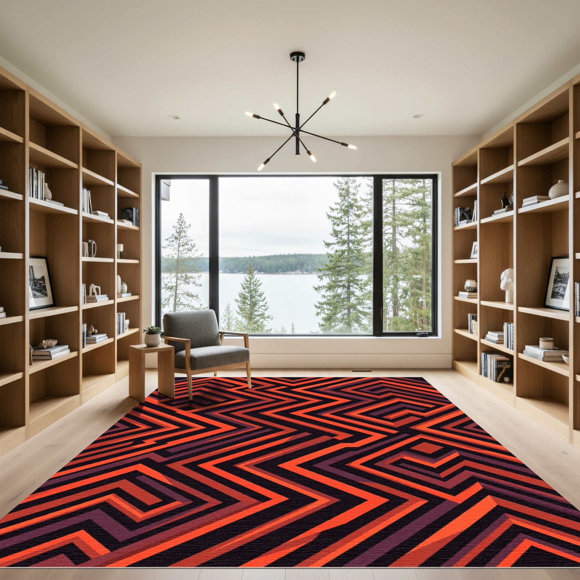 Fiery Orange Abstract Geometric Maze Rug
