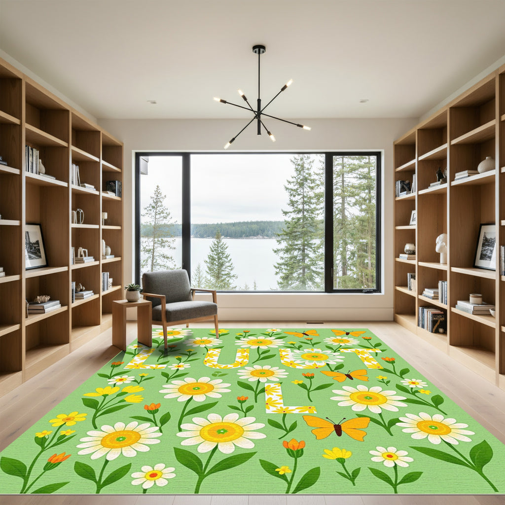 Whimsical floral butterflies garden greenery Rug