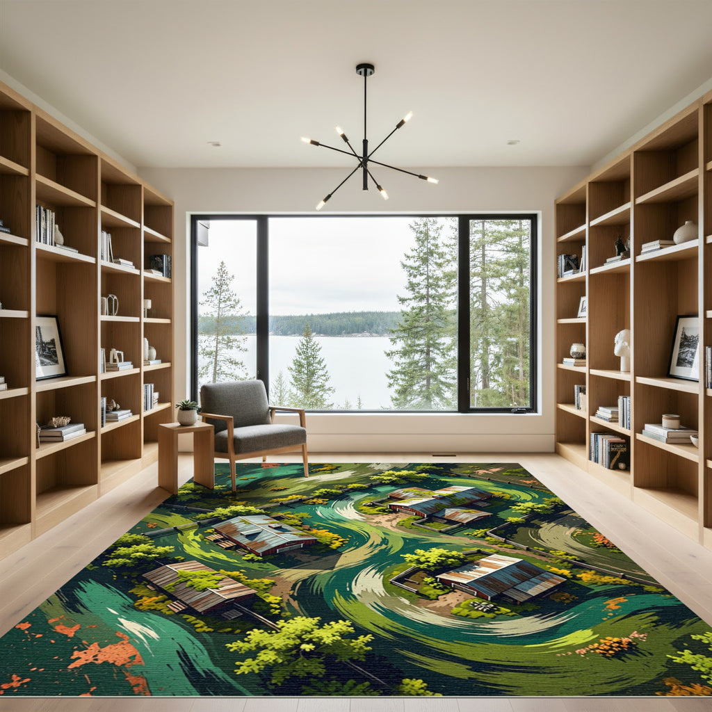 Earthy Green Aerial Farmstead Landscape Rug