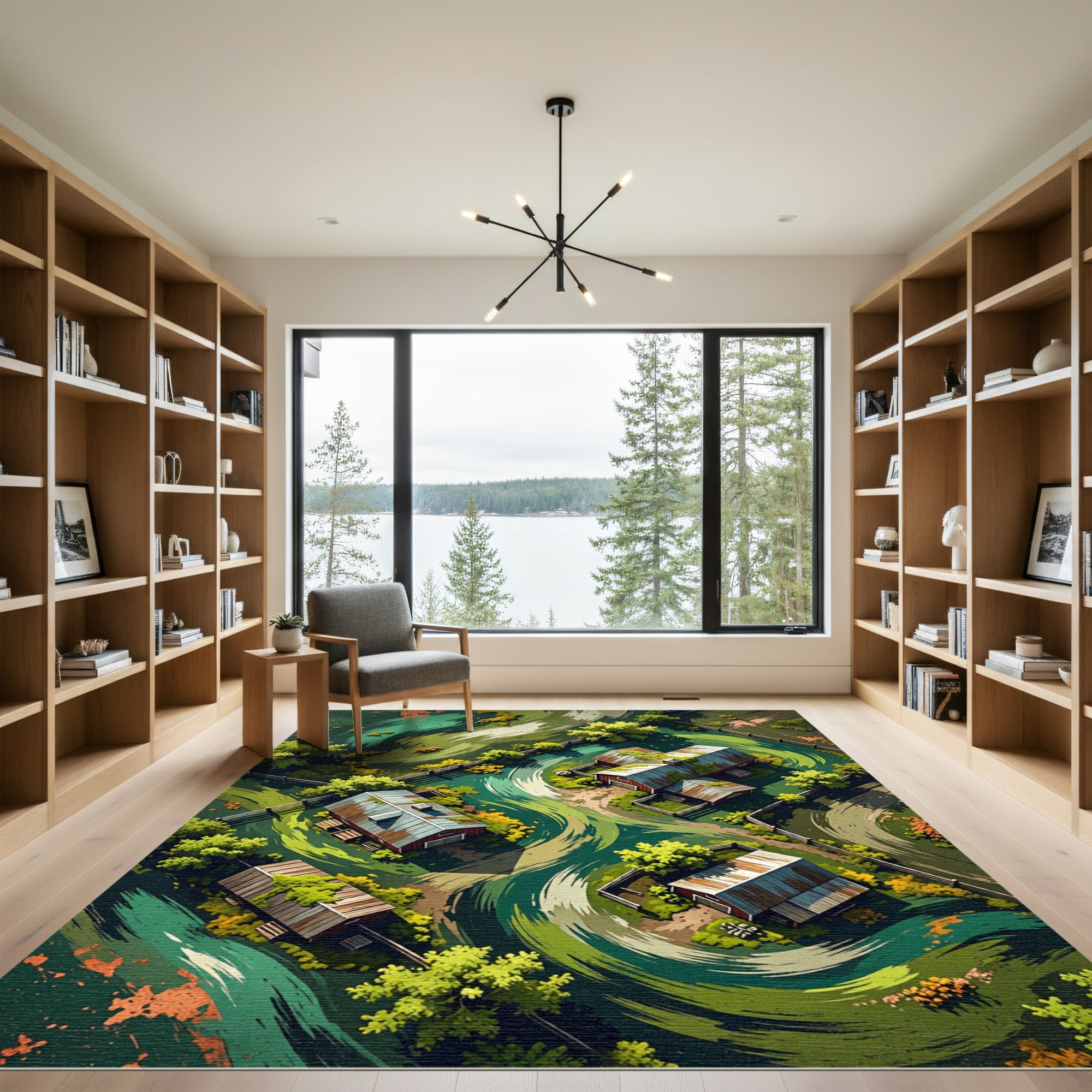 Earthy Green Aerial Farmstead Landscape Rug