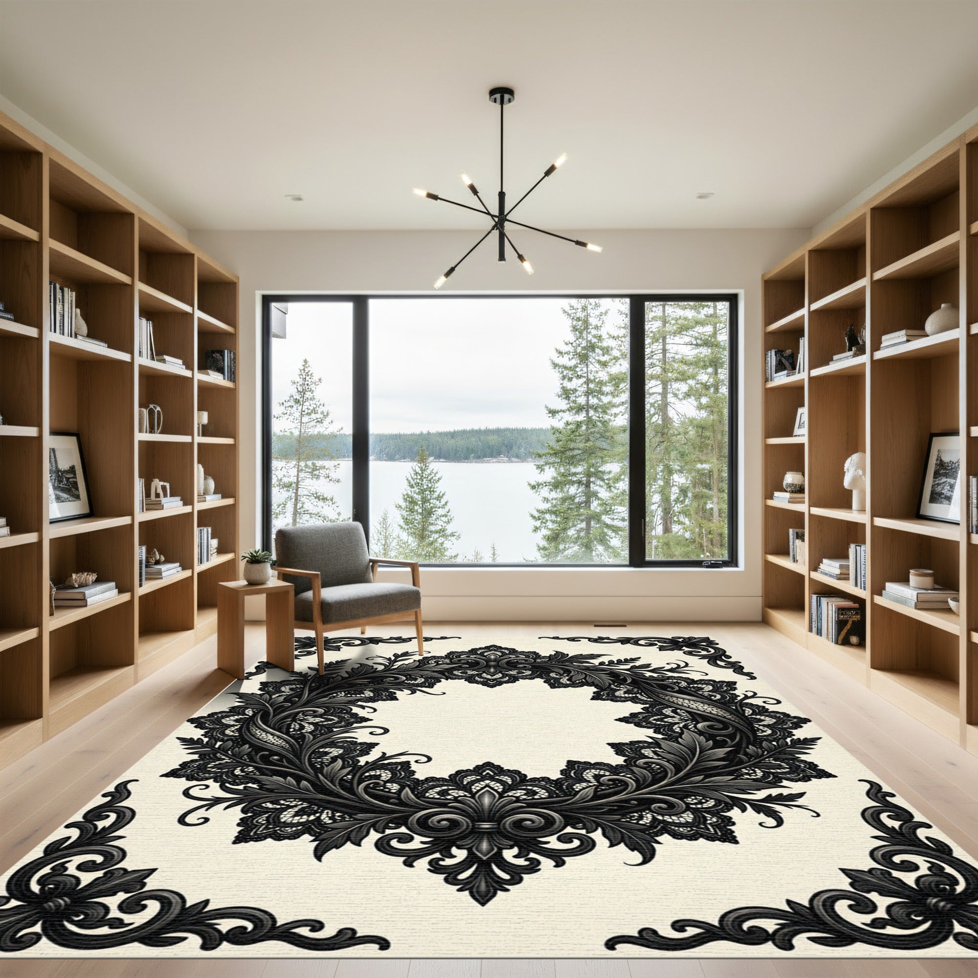 Elegant Ornate Black Lace Wreath Rug
