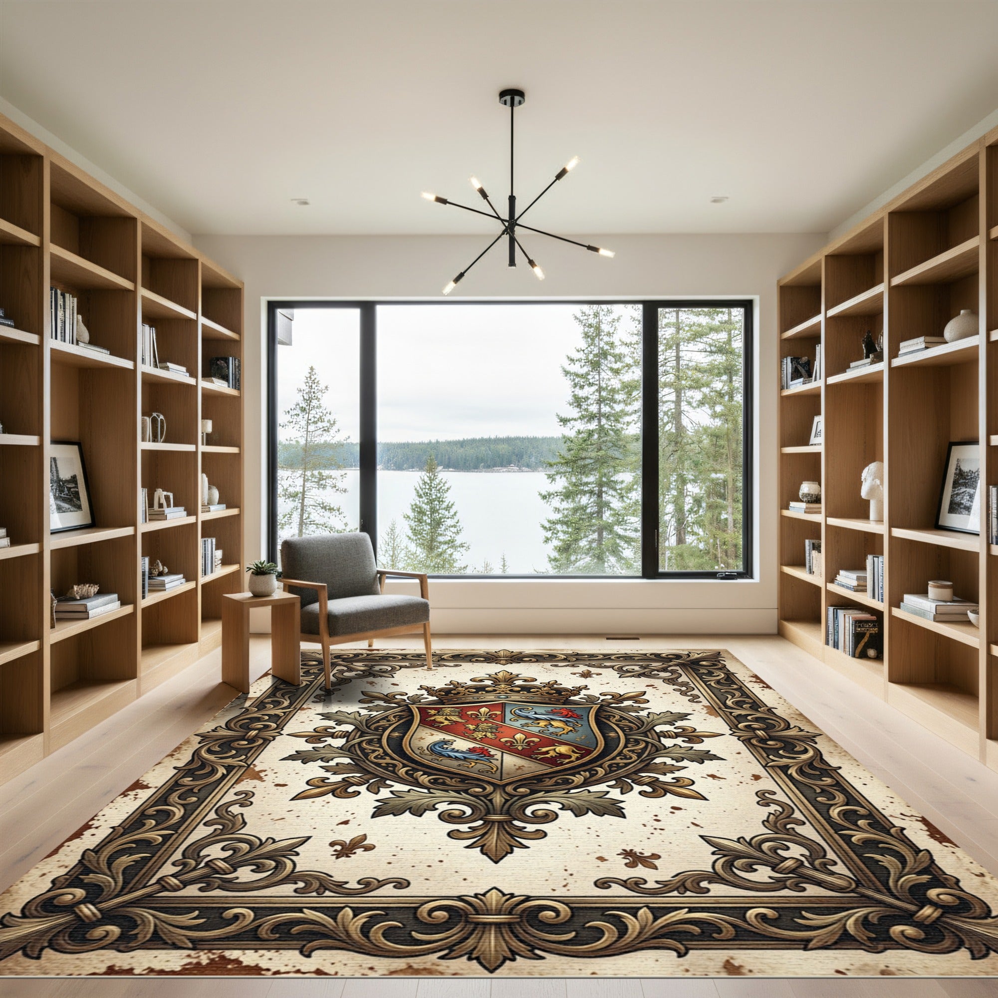 Ornate Golden Royal Crest Medallion Rug