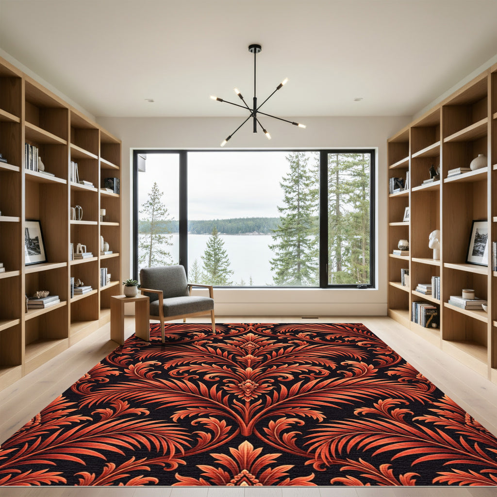Crimson Vine Scroll Damask Rug