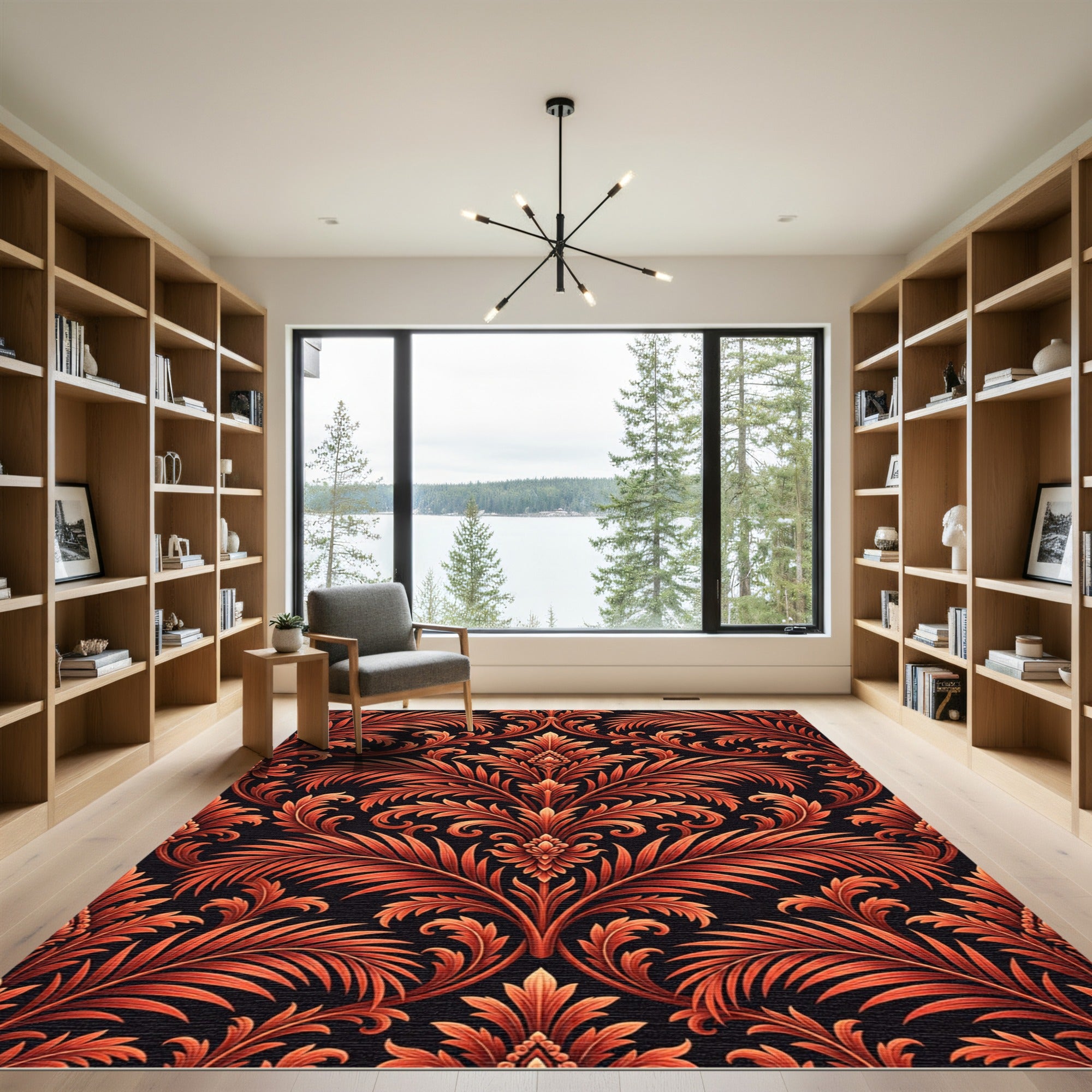 Crimson Vine Scroll Damask Rug