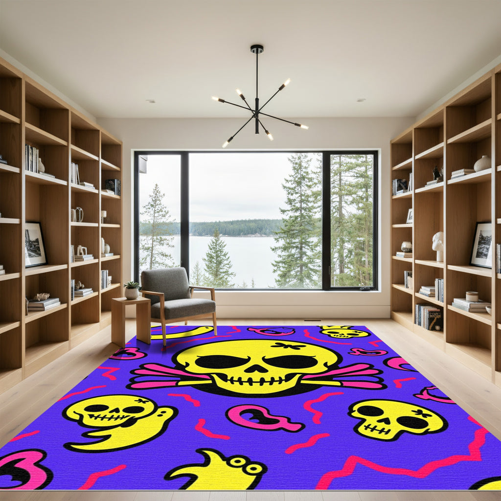 Groovy Yellow Skulls Pink Swirls Rug