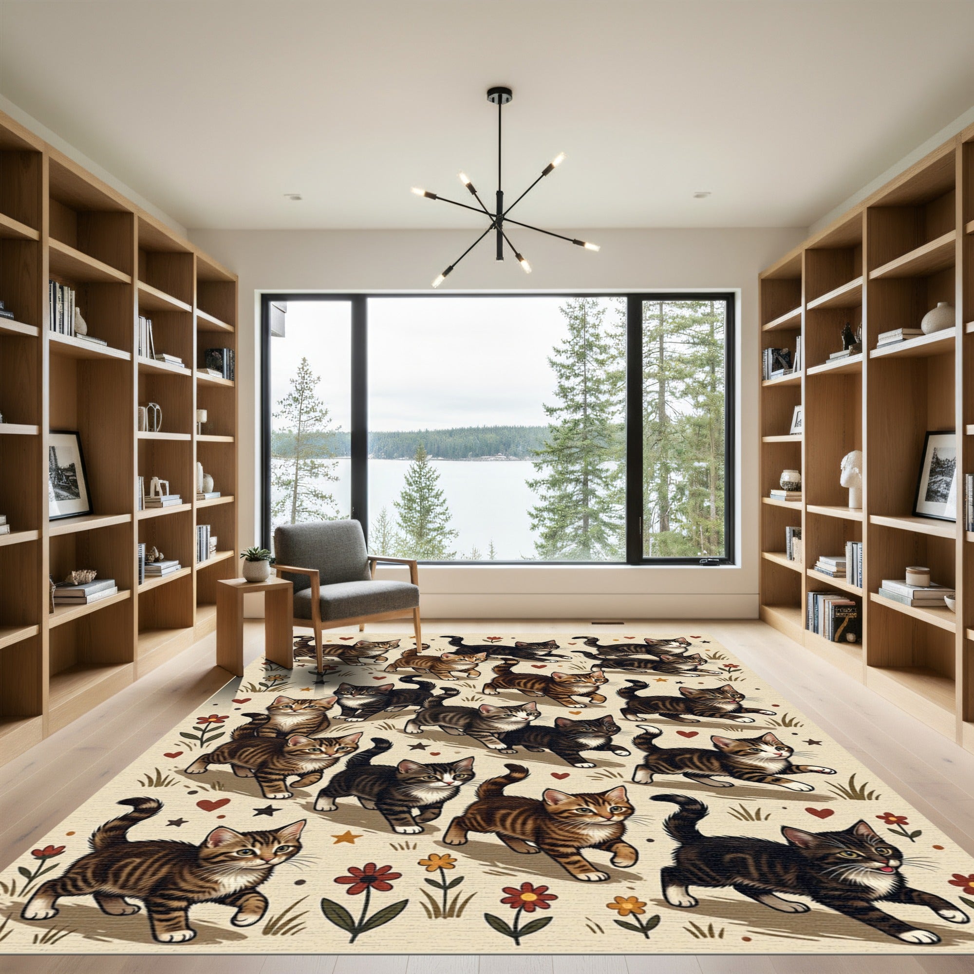 Whimsical Tabby Kitten Botanical Cream Rug