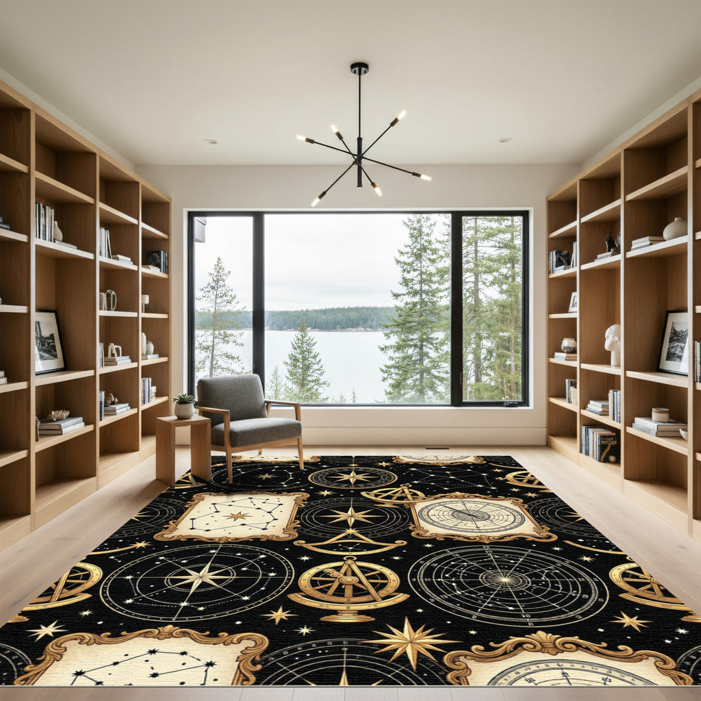 Golden Celestial Navigation Astrolabe Rug