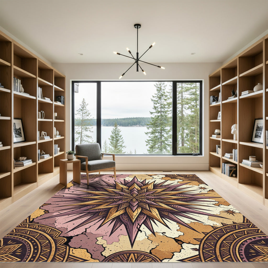 Golden Purple Spiky Starburst Mandala Rug