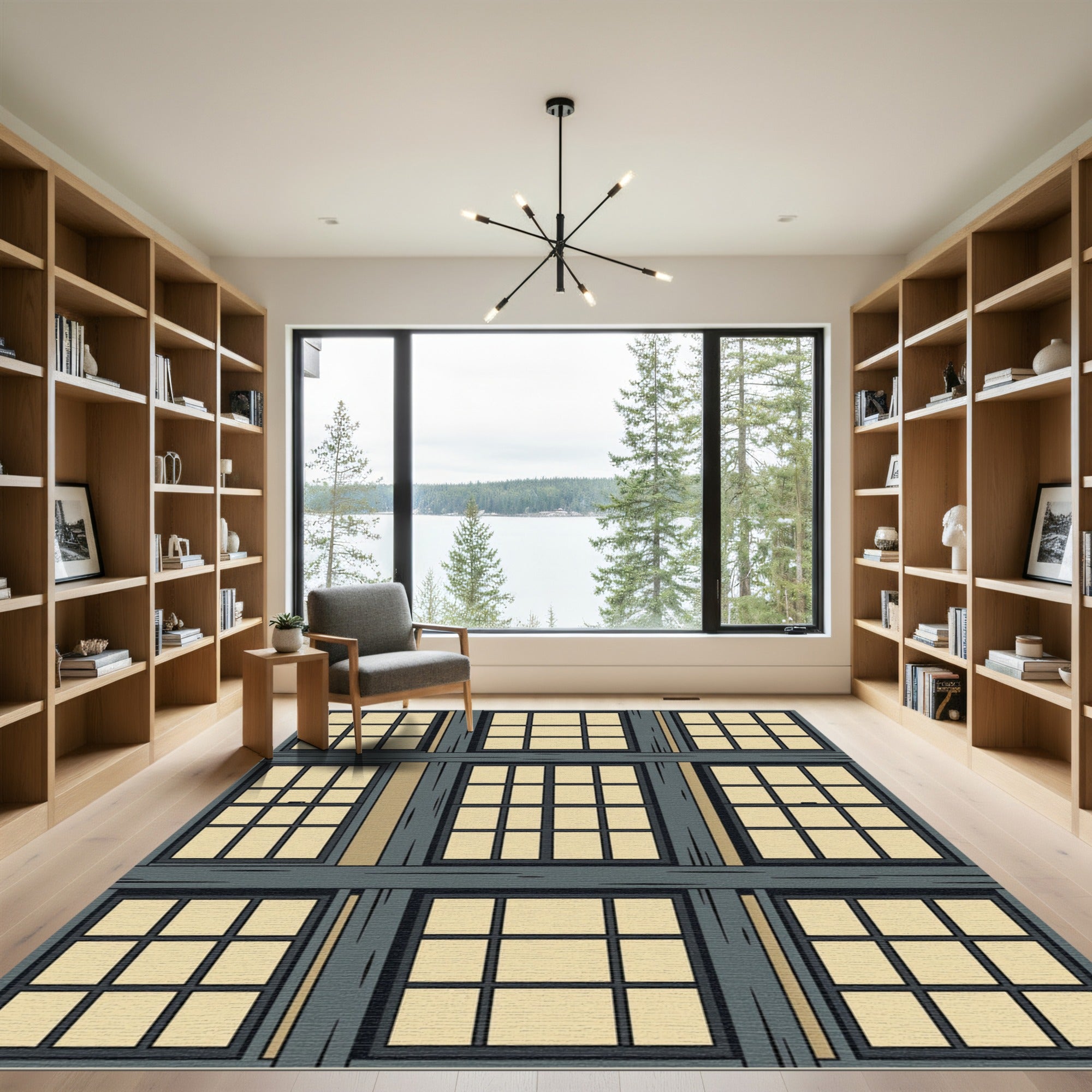 Dark Gray Window Pane Illustration Rug