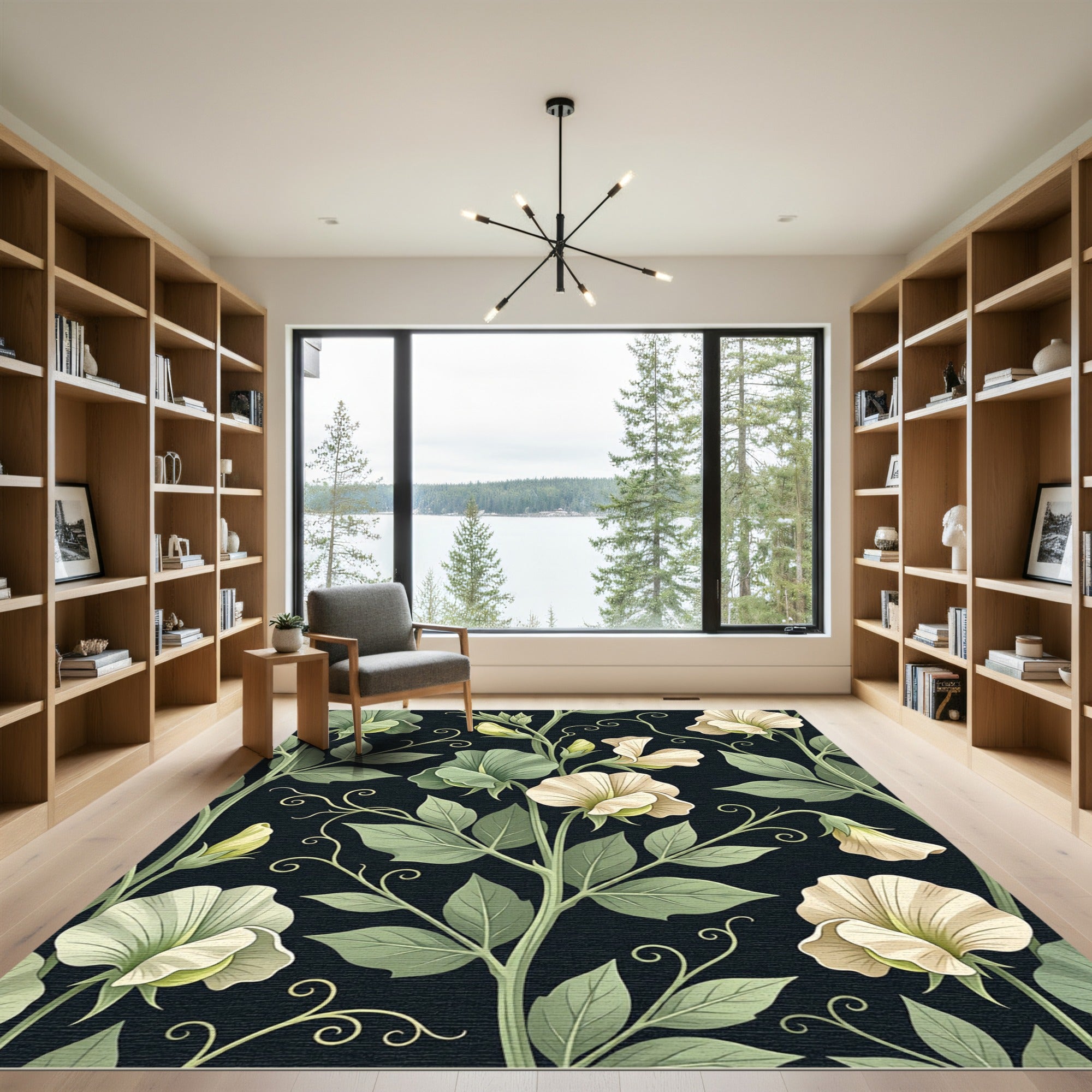 Cream Sweet Pea Botanical Black Rug