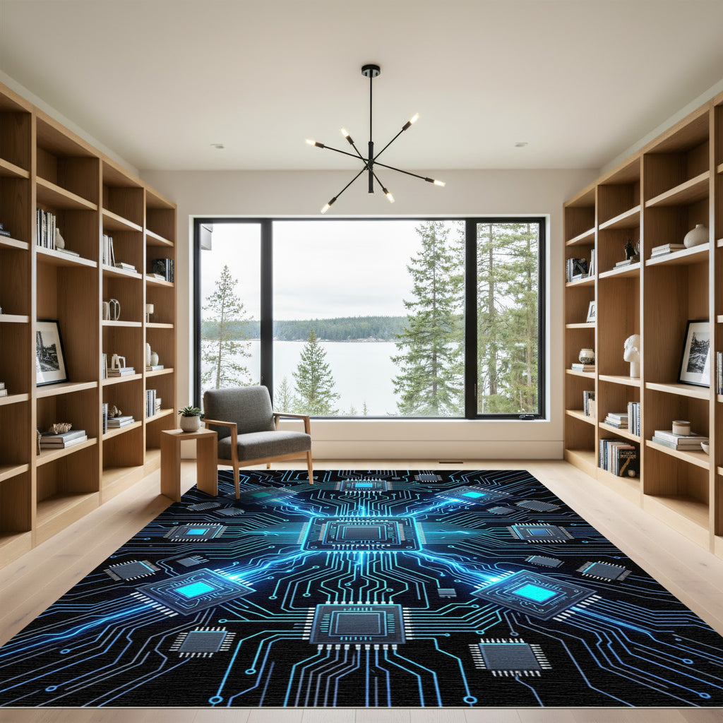 Electric Blue Cybernetic Circuit Grid Rug